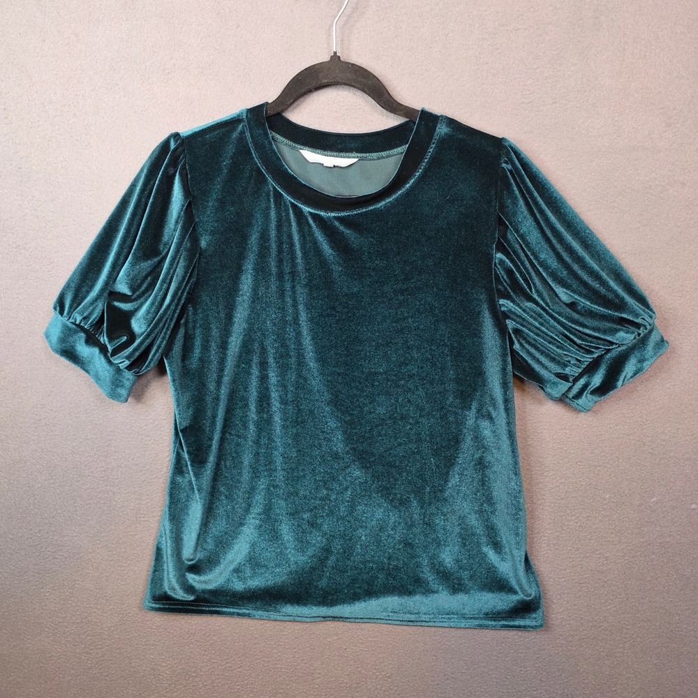 Amaryllis Emerald Green Velvet Puff Sleeve Crew Neck L Dark Romantic Fairycore